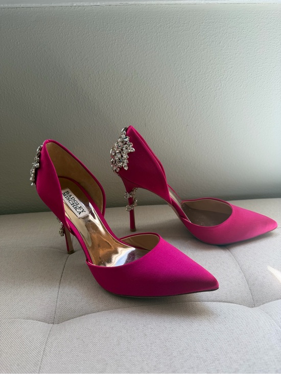 Badgley Mischka Shoes - Badgley Mischka Hot Pink Satin Crystal-Embellished Pointed D'Orsay Pumps
